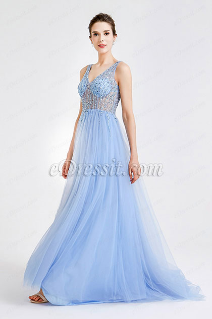 Blue Sparkly V Cut Beaded Women Evening Dresses 