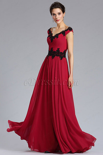 Cap Sleeve V-Neck Red Evening Formal Dress
