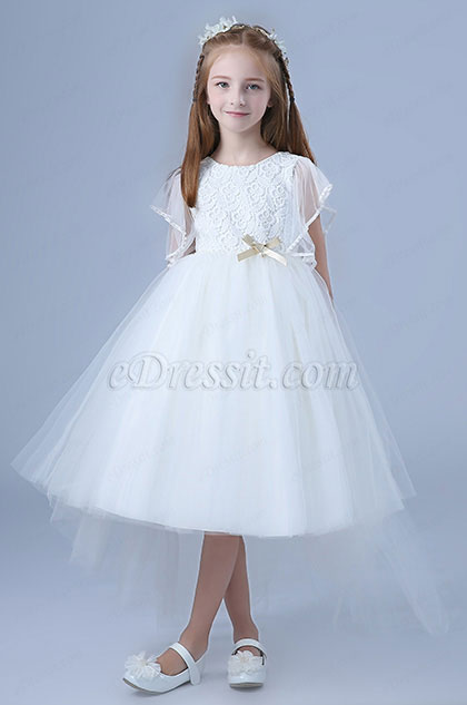 White Tulle Short Sleeves Wedding Flower Girl Party Dress