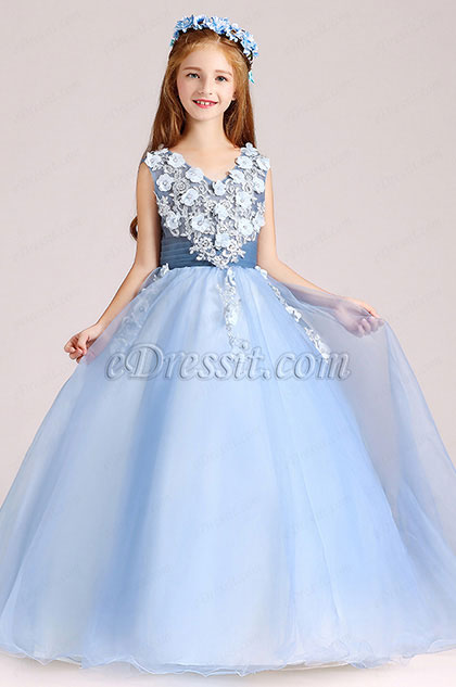 Blue Sleevless Flora Children Wedding Flower Girl Dress