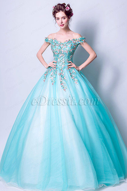 Water-Green Off Shoulder Embroidery Party Prom Ball Gown