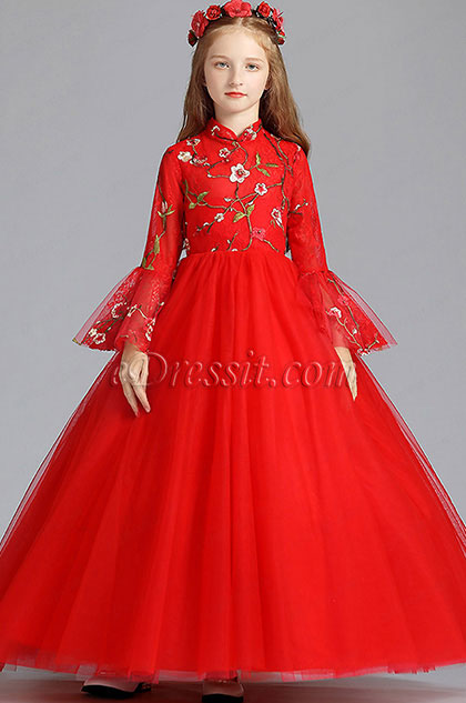 Red Long Embroidery Flower Girl Stage Dress 