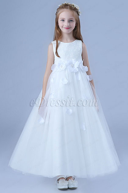 White Bowknot Long Wedding Flower Girl Dress 