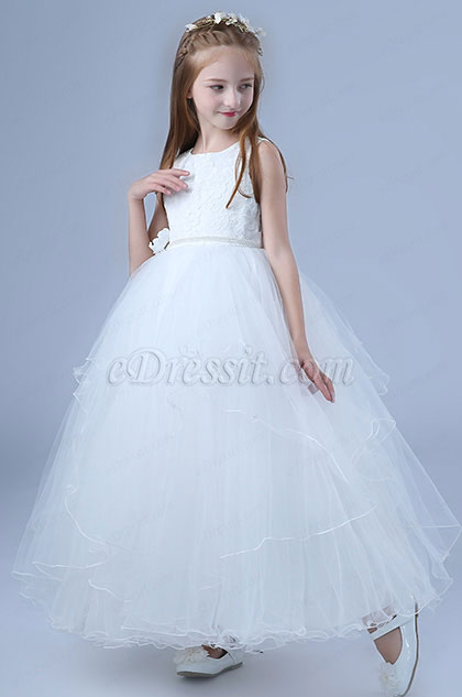 White Princess Lace Wedding Flower Girl Dress 