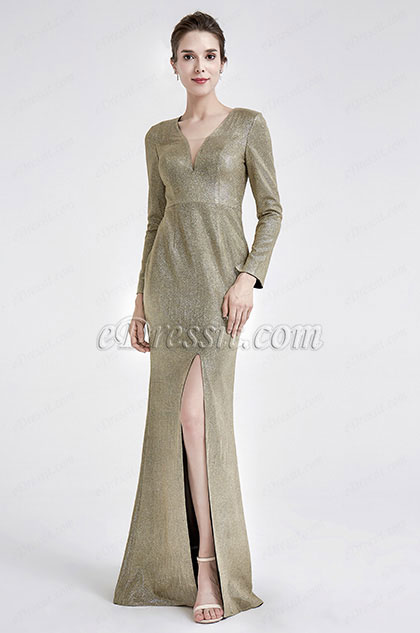 Sexy V-Neck Shiny long Sleeve Party Evening Dress 