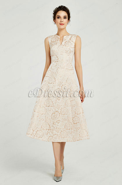 Beige Tea Length Evening Party Prom Dress