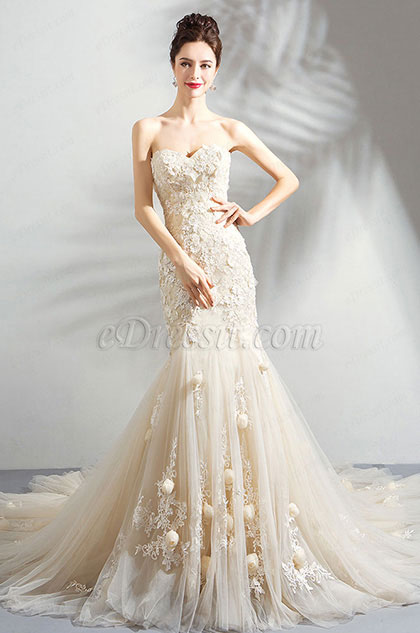 Light Champagne Floral Party Wedding Dress