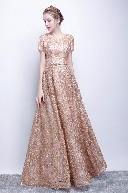 Champagne Short Sleeves Floral Long Party Evening Ball Dress