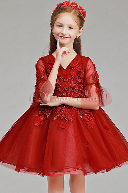 Lovely Red Floral Princess Flower Girl Stage Dress 