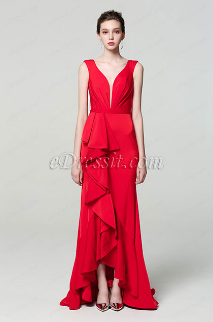 Red Elegant Deep V-Cut Ruffle Party Dress 