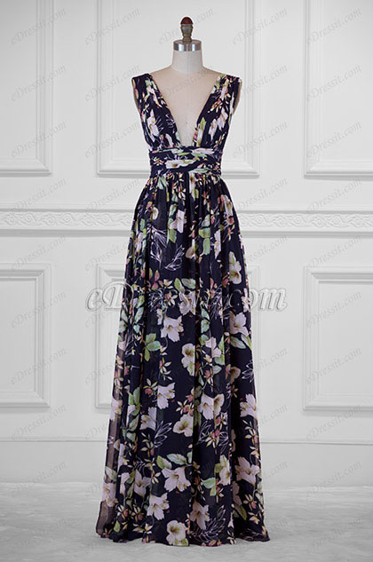 Blue Plunging V-Cut Strapless Print floral Prom Dress