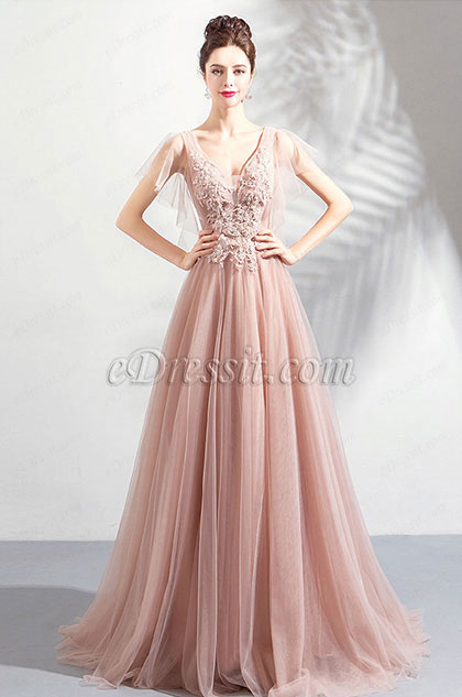 New V-Cut Pink Embroidery Tulle Prom Evening Dress 