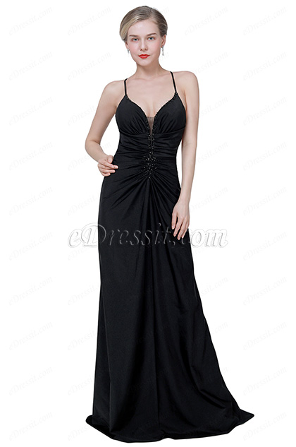 Edressit New Sexy Black Halter Deep V Cut Party Ball Dress