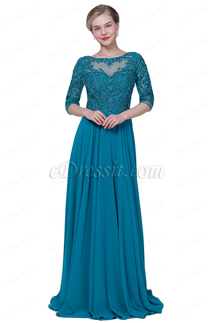 peacock blue mother of the bride dress