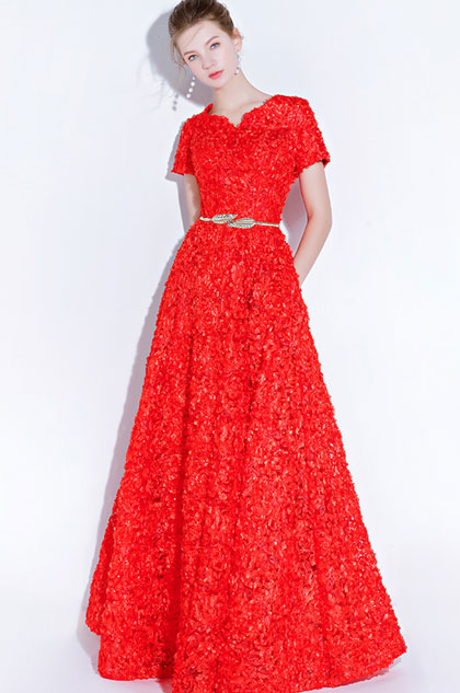Red Short Sleeves Floral Long Party Evening Ball Dress 