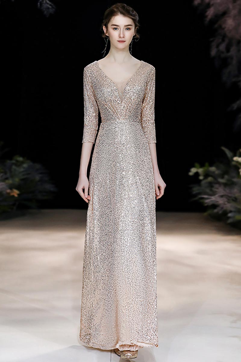 long sequin gown with sleeves