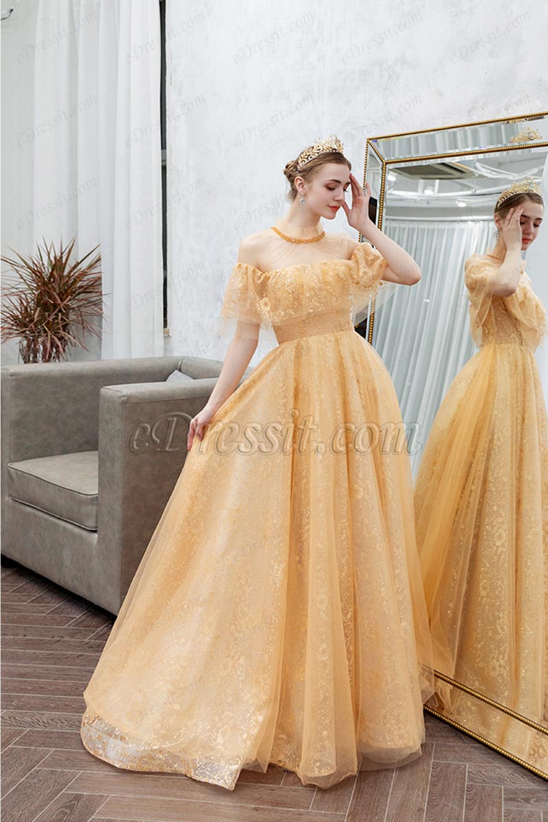 off the shoulder gold prom dress