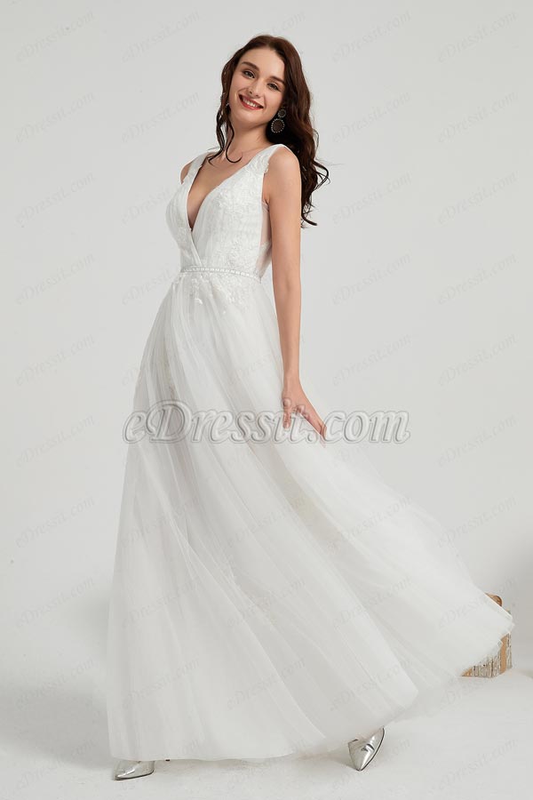 Edressit White Plung V Cut Lace Longtulle Party Wedding Dress