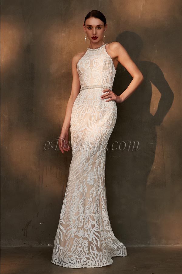 eDressit Beige Halter Lace Applique Wedding Bridal Dress