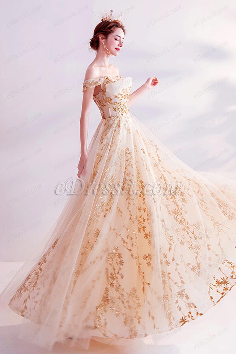 off the shoulder gold prom dress
