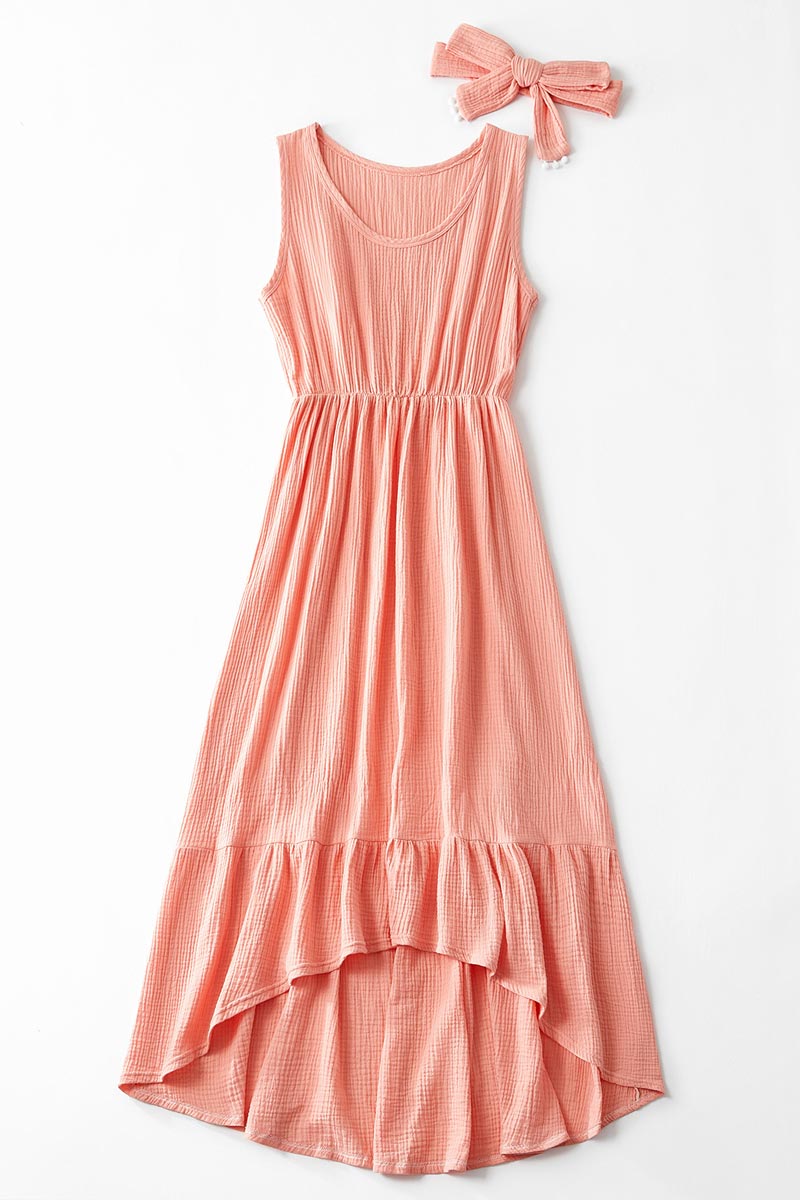 Mommy and Me Summer Sleeveless Matching Maxi Dresses Outfit with Headb