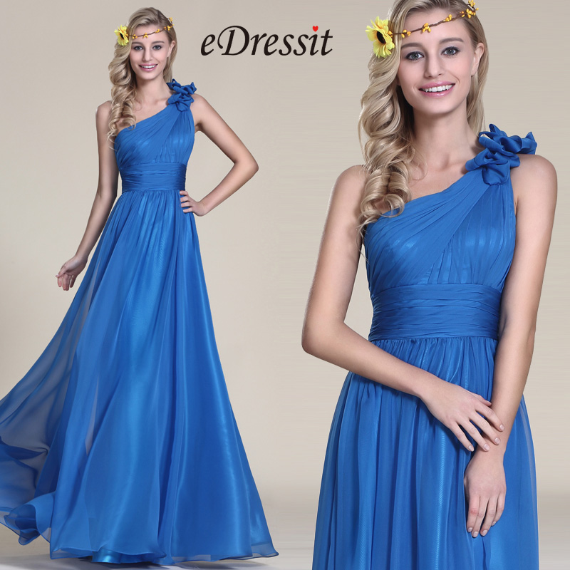 Floral One Shoulder Blue Bridesmaid Dress (07153405)