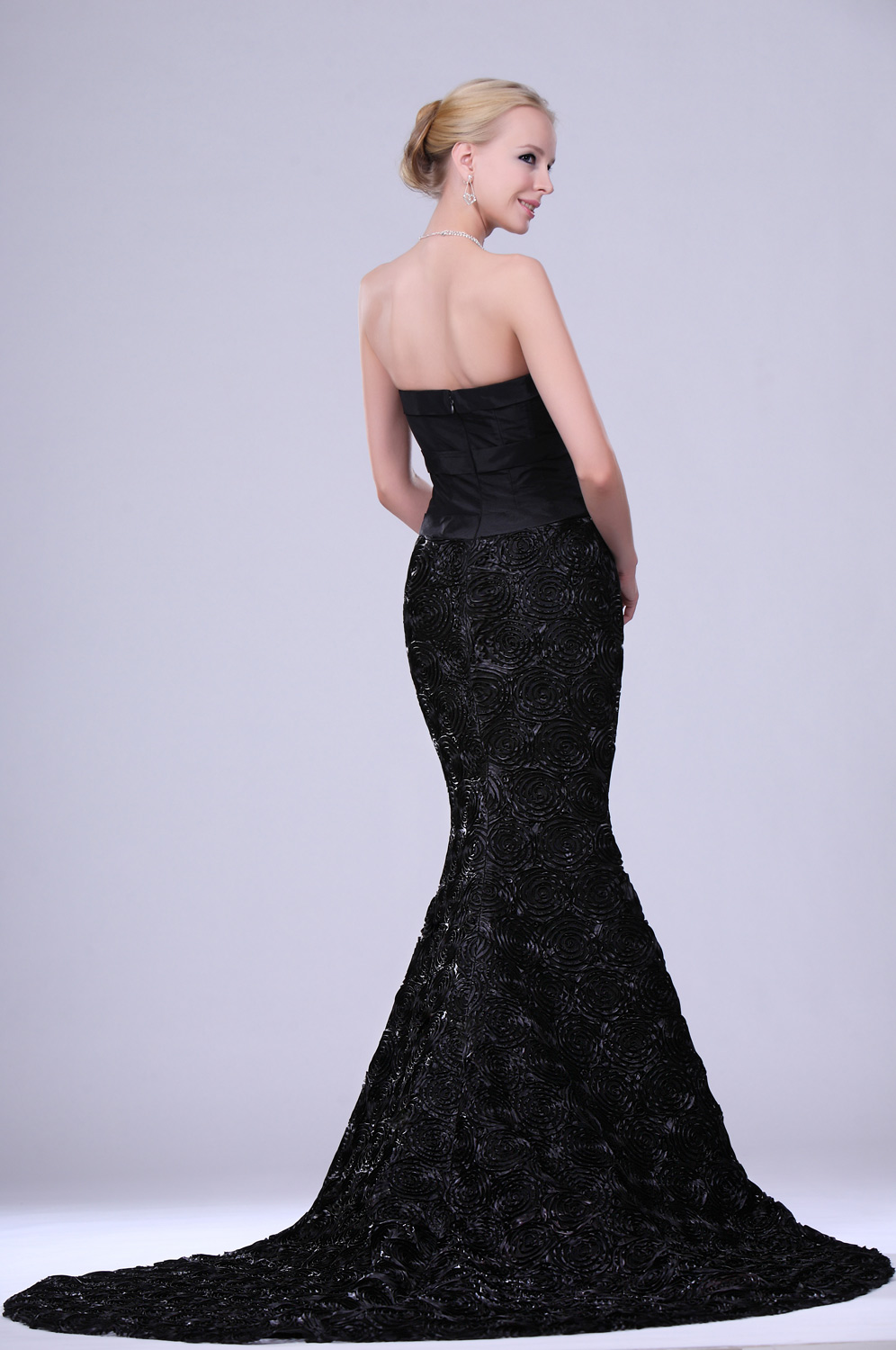 black strapless gown with train