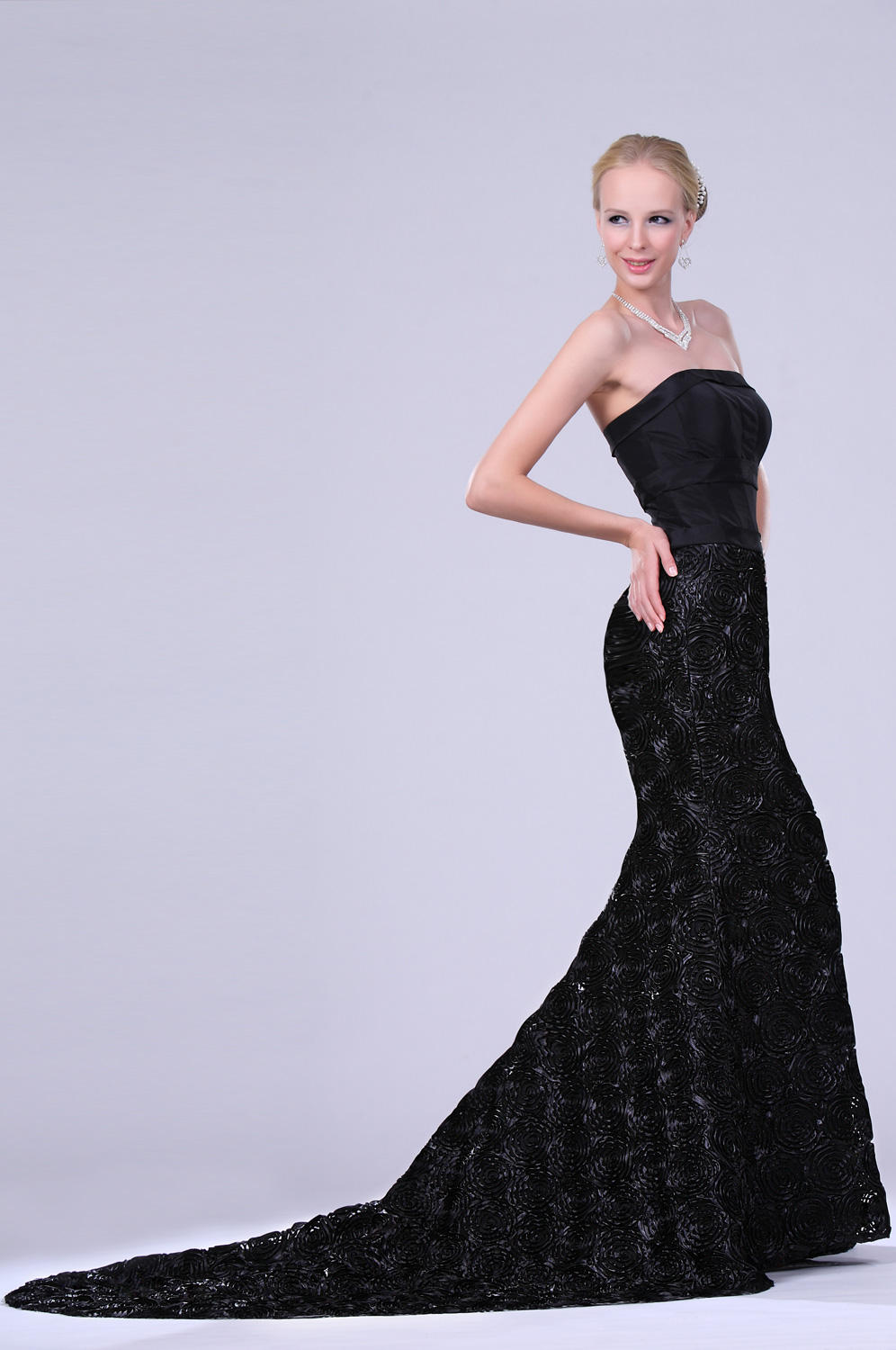 black strapless gown with train