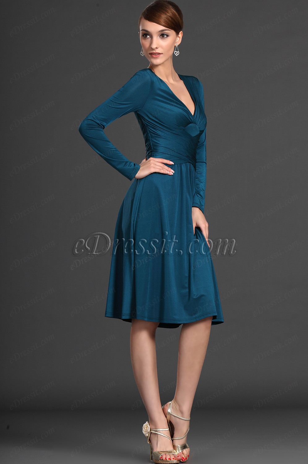 eDressit Long Sleeves VCut Blue Party Dress Day Dress (03121805)
