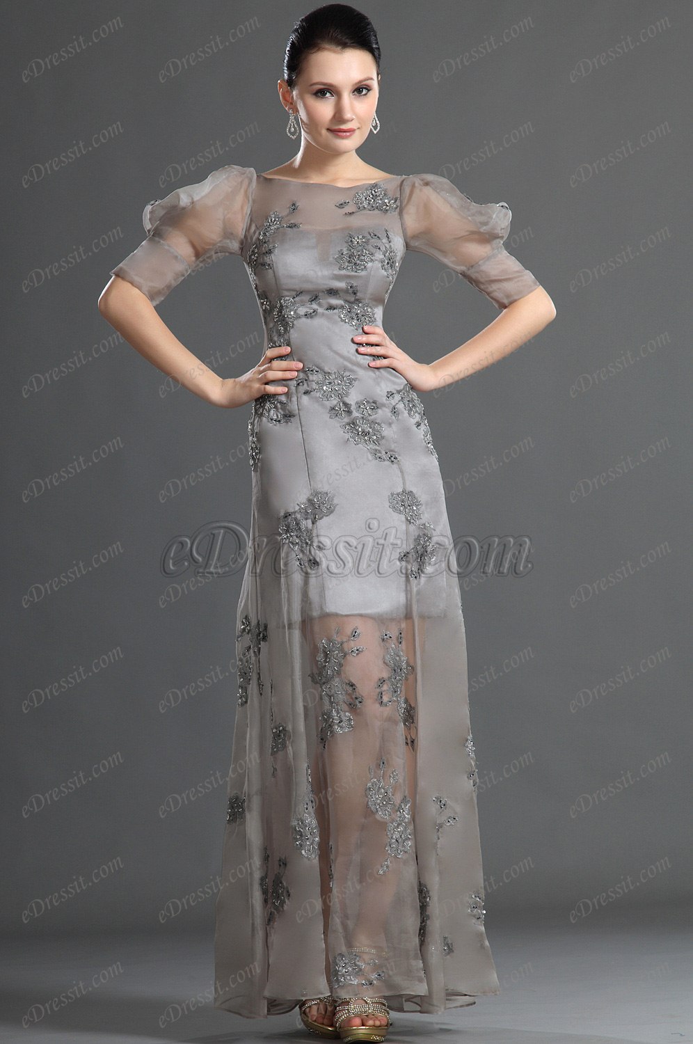 eDressit Elegant Sleeves Gray Evening Dress (02121008)