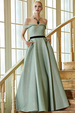 green off the shoulder gown