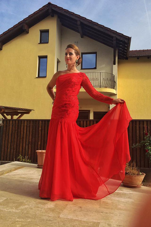 one shoulder red evening gown